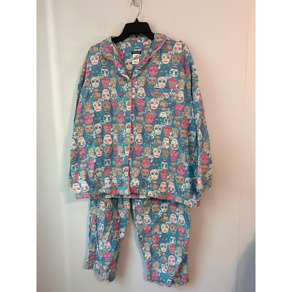 Joe Boxer Womens XL Blue Sugar Skull Cotton Pajama Set Button Down Long Sleeve